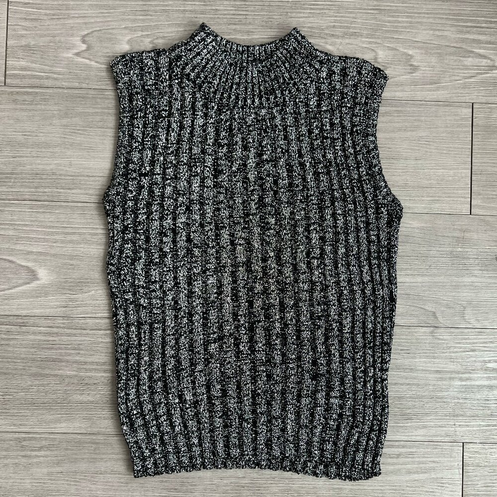 90s Metallic Silver Black Mock Neck Sweater Vest Silk Blend Knit Vintage Size M